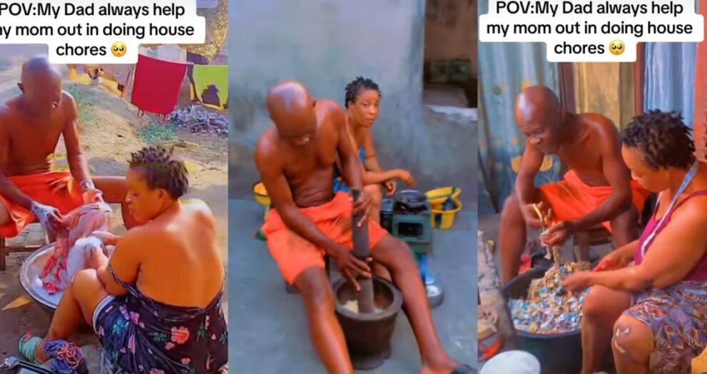 “My dad always help my mum” – Social media applauds elderly Nigerian man for assisting wife in daily chores