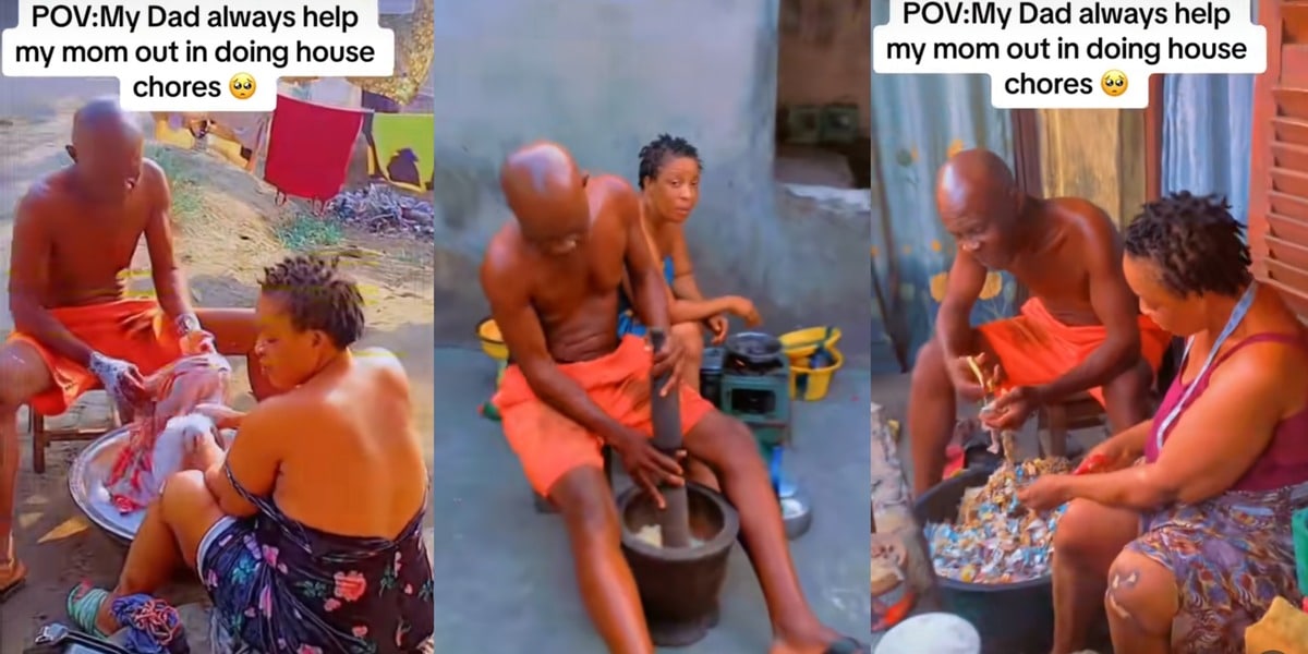 “My dad always help my mum” – Social media applauds elderly Nigerian man for assisting wife in daily chores