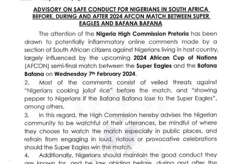 Nigerian Embassy Releases Safety Circular To Nigerians In South Africa Ahead Of Super Eagles Vs South Africa AFCON Match